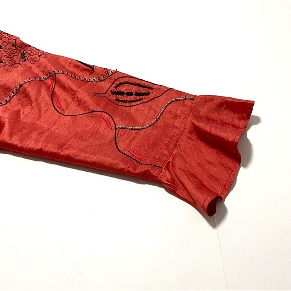 Orange Silk Button-down Blazer Jacket Top Large Artsy Beaded - Picture 10 of 15